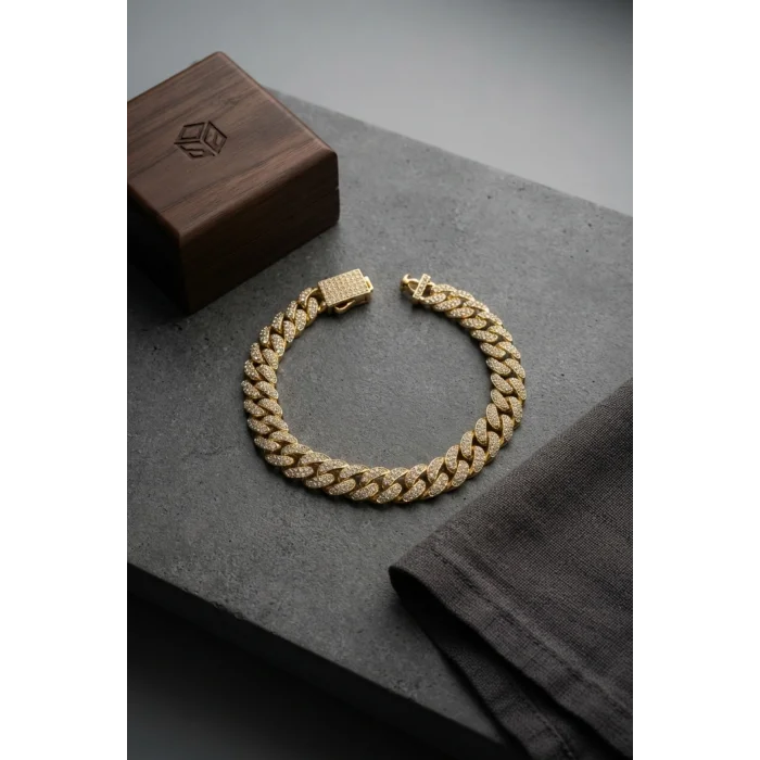 BUĞZ Cuban Zincir Model Zirkon Taşlı Gold Renk Erkek Bileklik
