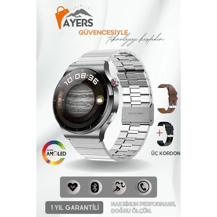 BUĞZ Curved AMOLED Ekranlı Akıllı Saat, Nabız ve Uyku Takibi, Suya Dayanıklı, Deri Kordonlu