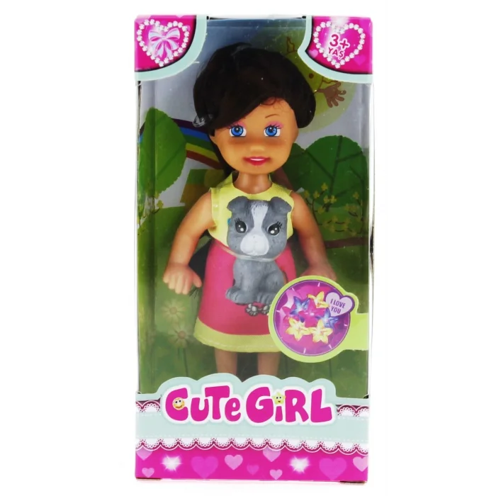  Cute Girl Gri Köpekli ve Kumral Mini Bebek