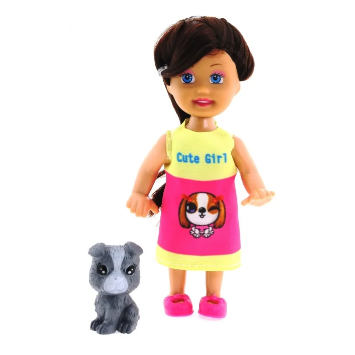  Cute Girl Gri Köpekli ve Kumral Mini Bebek