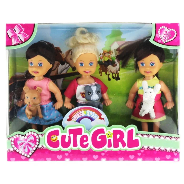  Cute Girl Mini Bebek ve Evcil Hayvan Üçlü Set
