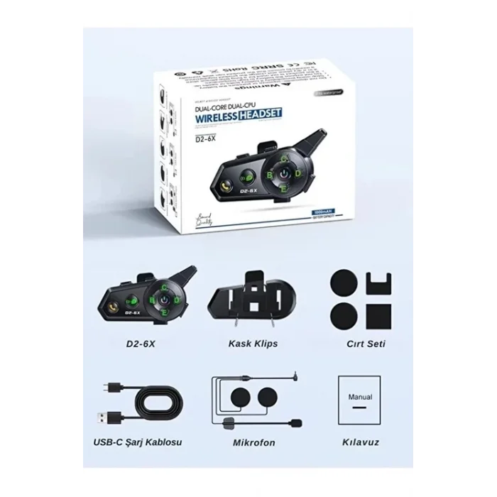 BUĞZ D2-6x 1000m Mesafeli 6 Kanallı İntercom Bluetooth Motosiklet Kask Kulaklığı İntercom Kulaklık