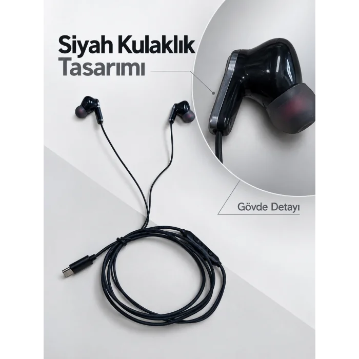 BUĞZ Dahili Mikrofonlu Type C Kablolu Kulaklık Siyah Gövde - BUĞZ