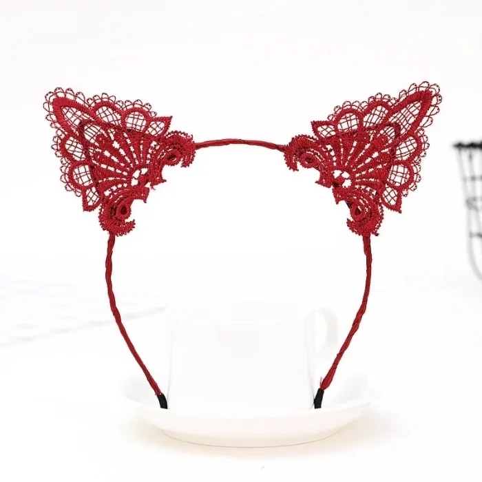 BUĞZ Dantelli Kırmızı Kedi Tacı - Vintage Tarz Dantel Kedi Kulak