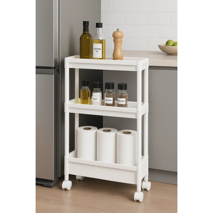 BUĞZ Dar Alan Uyumlu Tekerlekli 3 Katlı Mutfak Rafı – Yağlık, Baharatlık ve Peçetelik Organizer