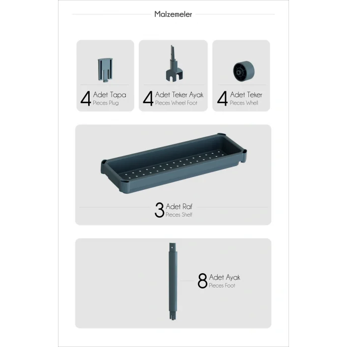 BUĞZ Dar Alan Uyumlu Tekerlekli 3 Katlı Mutfak Rafı – Yağlık, Baharatlık ve Peçetelik Organizer