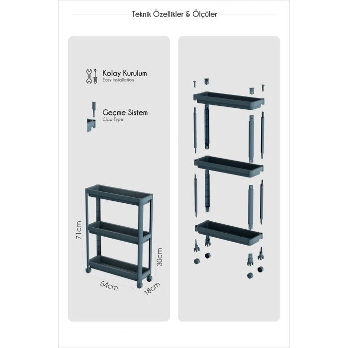 BUĞZ Dar Alan Uyumlu Tekerlekli 3 Katlı Mutfak Rafı – Yağlık, Baharatlık ve Peçetelik Organizer