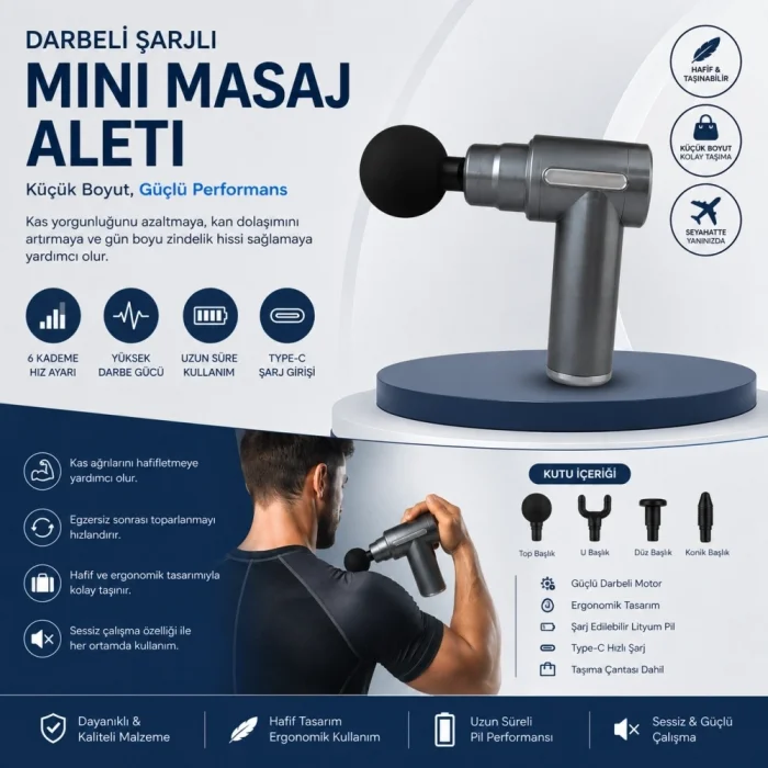 BUĞZ Darbeli Şarjlı Mini Masaj Aleti Type-c Şarjlı | 6 Kademeli | Sessiz | Sporcu Masaj Cihazı
