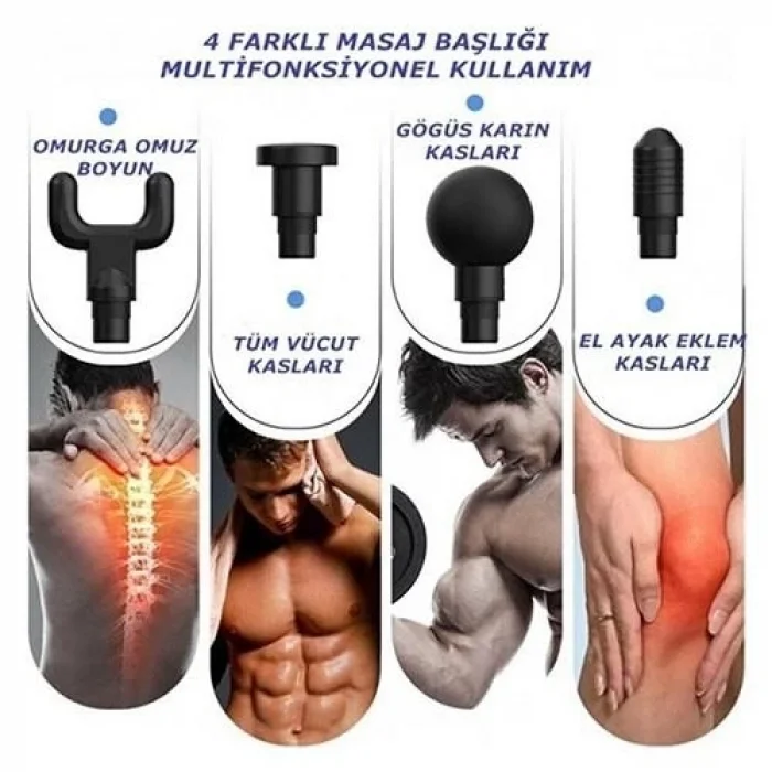 BUĞZ Darbeli Titreşimli Tabanca Masaj Aleti Kas Rahatlatıcı 4 Başlıklı Şarjlı Göbek Eritme Cihazı Zayıflama ve Selülit Giderme