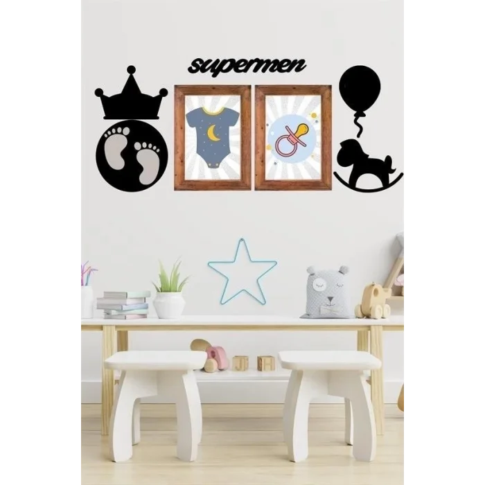  DECO103 Supermen Dekoratif Duvar Süsü Tablo Aksesuar Ahşap Tasarım Hediye Pano Sticker Seti