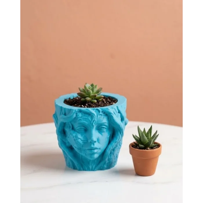 BUĞZ Dekoratif 3D Kadın Yüzü Ağaç Tasarımlı Saksı Vazo Modern Ev Dekoru