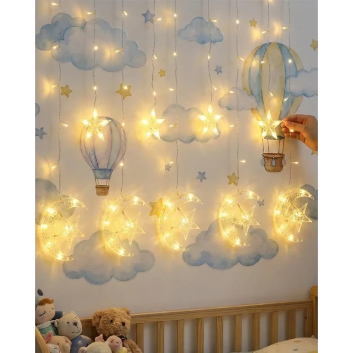 BUĞZ Dekoratif Ay Yıldız Perde Işığı Sıcak Beyaz Festival ve Ev Süsleme