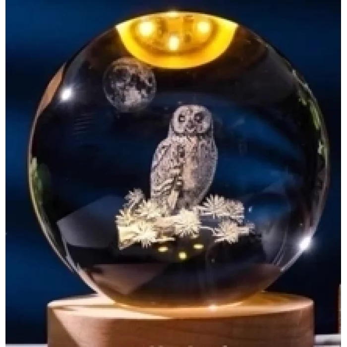 BUĞZ Dekoratif Baykuş Tasarımlı Ahşap Altlıklı Işıklı Cam Küre Büyük Boy 8cm