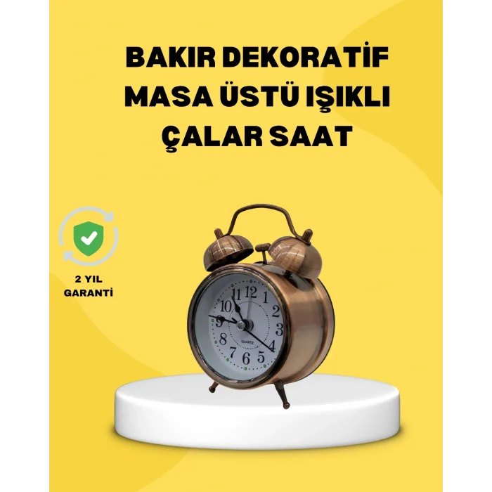 BUĞZ Dekoratif Bronz Renk Metal Alarmlı Masa Üstü Saat Klasik Tasarım