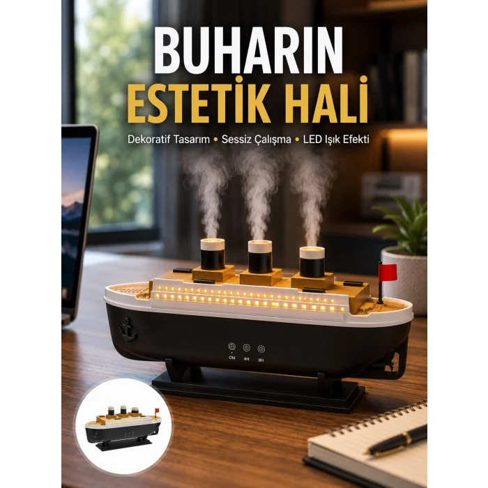 BUĞZ Dekoratif Gemi Modeli 7 Renk Işıklı Hava Nemlendirici ve Oda Kokusu Difüzörü Yeni Nesil