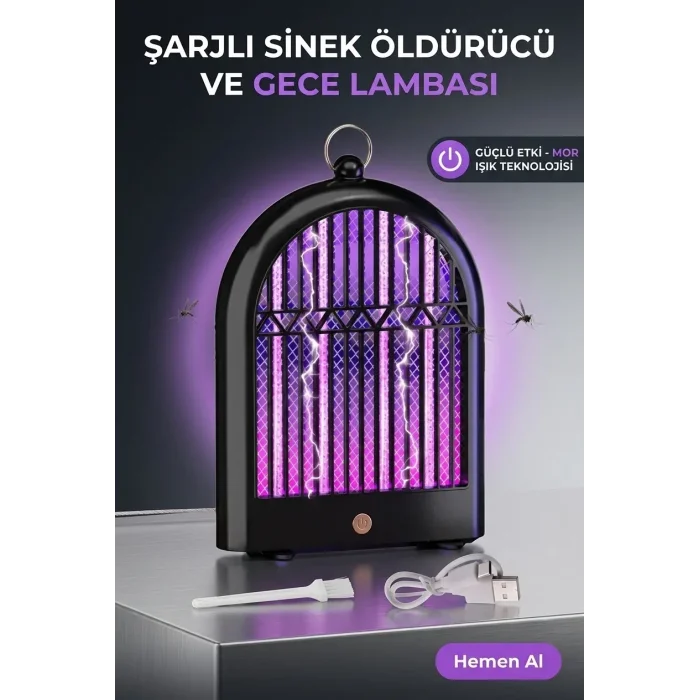 BUĞZ Dekoratif Mor Işıklı Sinek Savar Lamba Şarjlı Sivrisinek Tuzağı Ev Tipi Kullanım