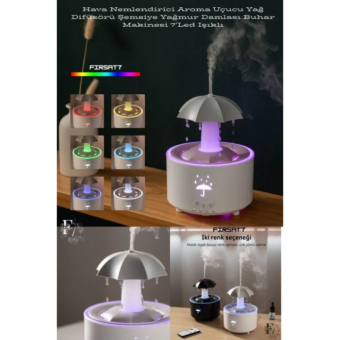 BUĞZ Dekoratif Şemsiye Tasarımlı Soğuk Buhar Aroma Difüzörü ve Hava Nemlendirici, 7 Renkli LED Işıklı