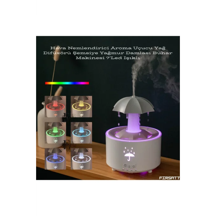 BUĞZ Dekoratif Şemsiye Tasarımlı Soğuk Buhar Aroma Difüzörü ve Hava Nemlendirici, 7 Renkli LED Işıklı