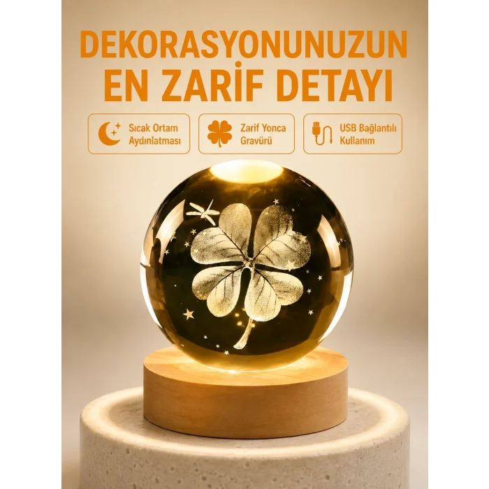 BUĞZ Dekoratif Yonca Görünümlü Işıklı Kristal Cam Küre USB Masa Gece Lambası