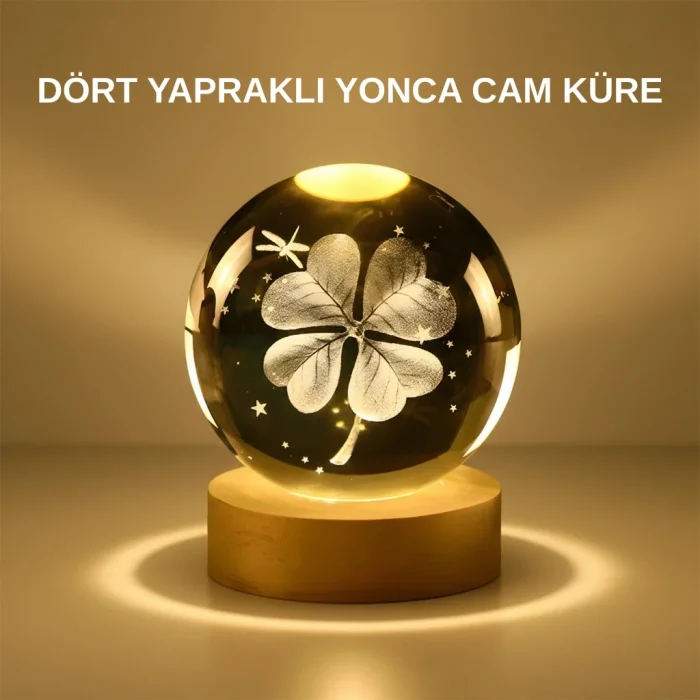 BUĞZ Dekoratif Yonca Görünümlü Işıklı Kristal Cam Küre USB Masa Gece Lambası