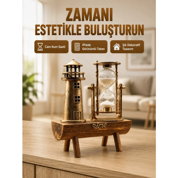 BUĞZ Deniz Feneri Tasarımlı Ahşap Kum Saati – Retro Masa Aksesuarı Yeni Nesil