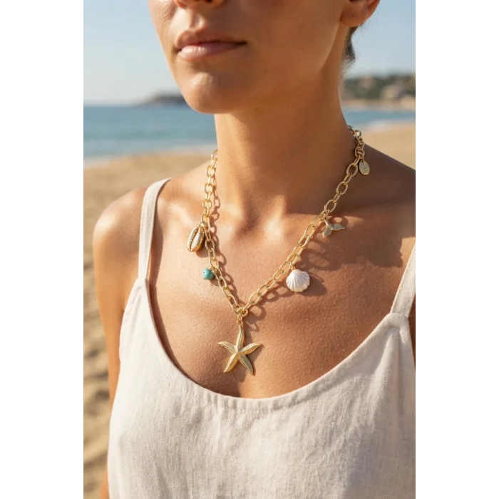 BUĞZ Deniz Yıldızı Charm Detaylı Gold Renk Zincir Kolye