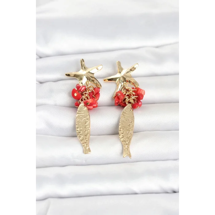 BUĞZ Deniz Yıldızı ve Balık Detaylı Kırmızı Taşlı Gold Renk Kadın Küpe