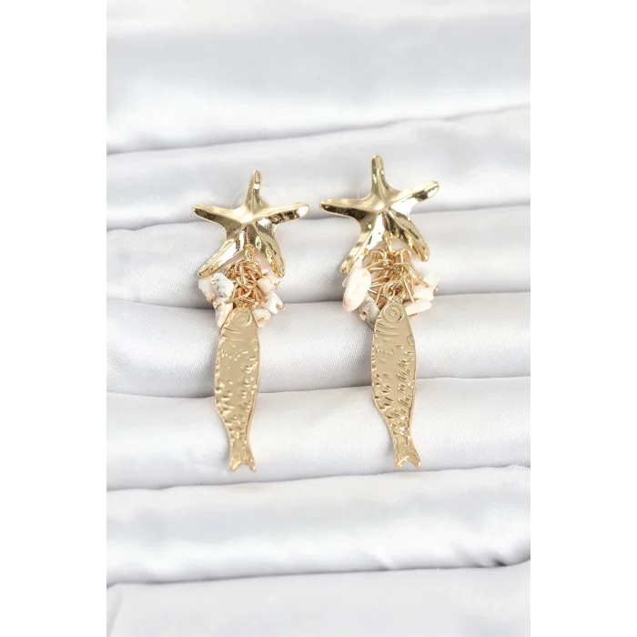 BUĞZ Deniz Yıldızı ve Balık Detaylı Krem Taşlı Gold Renk Kadın Küpe