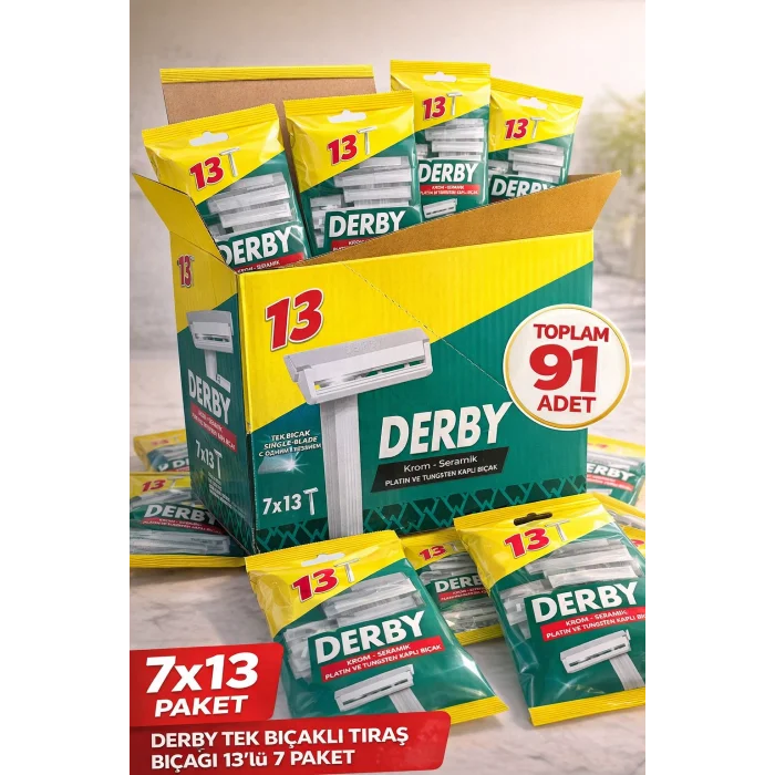 BUĞZ Derby Tek Bıçaklı Tıraş Bıçağı 13’lü 7 Paket 91 Adet Krom Seramik Platin ve Tungsten Kaplı Ekonomik Set