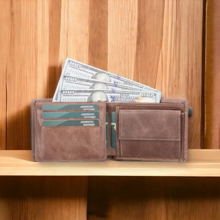  Deri Cüzdan, 6 Kart ve Bozuk Para Bölmeli, Karamel Kahve Deri