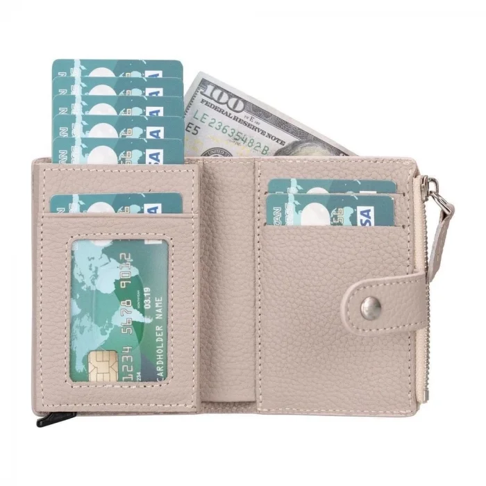  Deri Cüzdan Ve Kartlık, Mekanizmalı, 10 Adet Kart Bölmeli, Bej