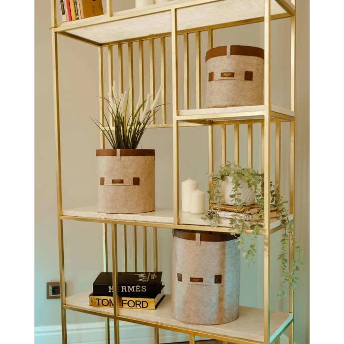  Deri Şeritli Yuvarlak Çok Amaçlı Düzenleyici Organizer Kutu Keçe Sepet (3lü Set)