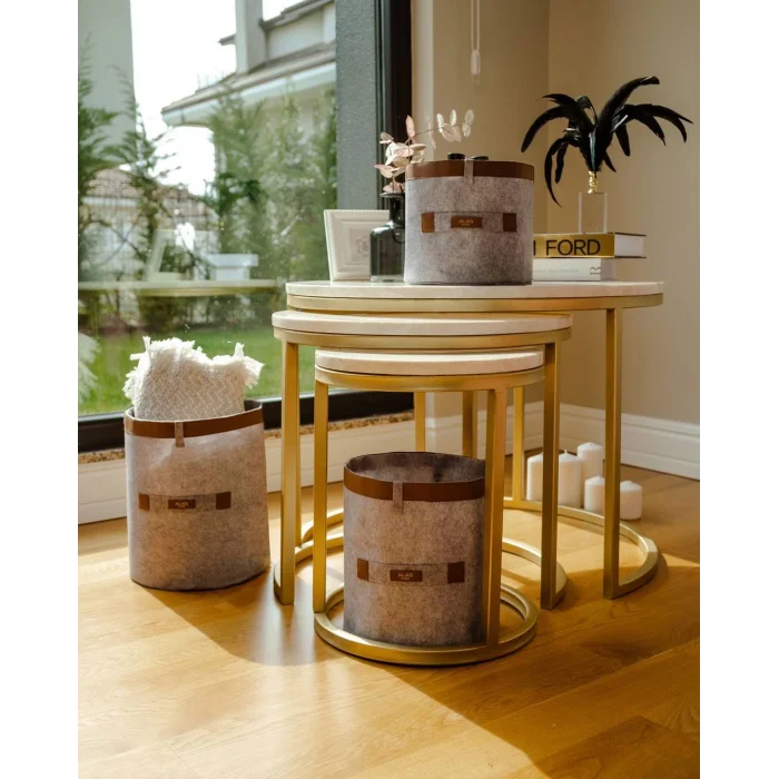  Deri Şeritli Yuvarlak Çok Amaçlı Düzenleyici Organizer Kutu Keçe Sepet (3lü Set)