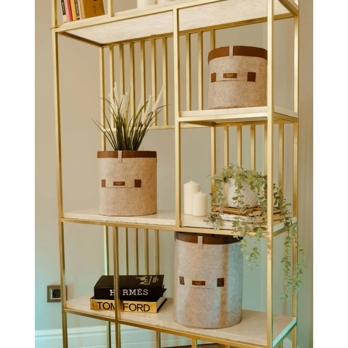 BUĞZ Deri Şeritli Yuvarlak Çok Amaçlı Düzenleyici Organizer Kutu Keçe Sepet (3lü Set) ( BUĞZ )