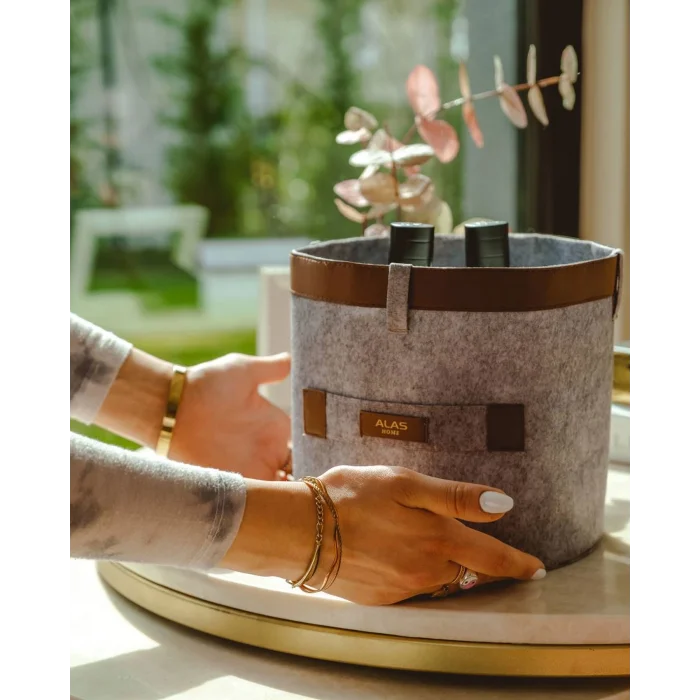  Deri Şeritli Yuvarlak Çok Amaçlı Düzenleyici Organizer Kutu Keçe Sepet (mini) 03822