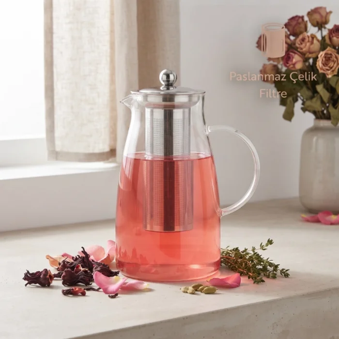 BUĞZ Detoks Sürahisi - 1500 ml - Paslanmaz Çelik Filtre - Cam