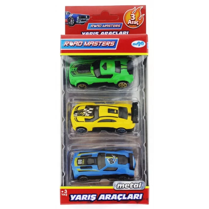  Die Cast Metal 3lü Yarış Arabaları Yeşil Araçlı