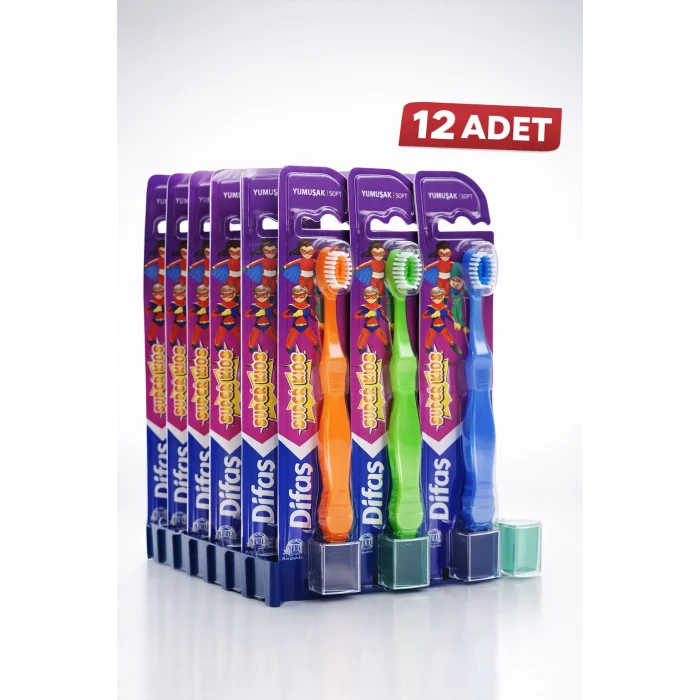 BUĞZ Difaş Kids Çocuk Diş Fırçası 12 Adet Standlı Yumuşak Kıllı Koruyucu Kapaklı Toplu Paket