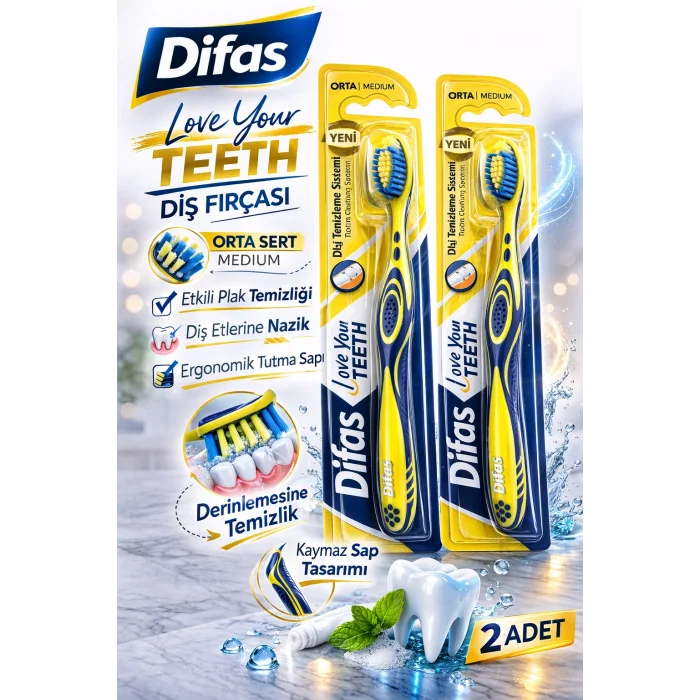 BUĞZ Difaş Love Your Teeth Diş Fırçası 2 Adet Orta Sert Medium Ergonomik Saplı Manuel Diş Fırçası