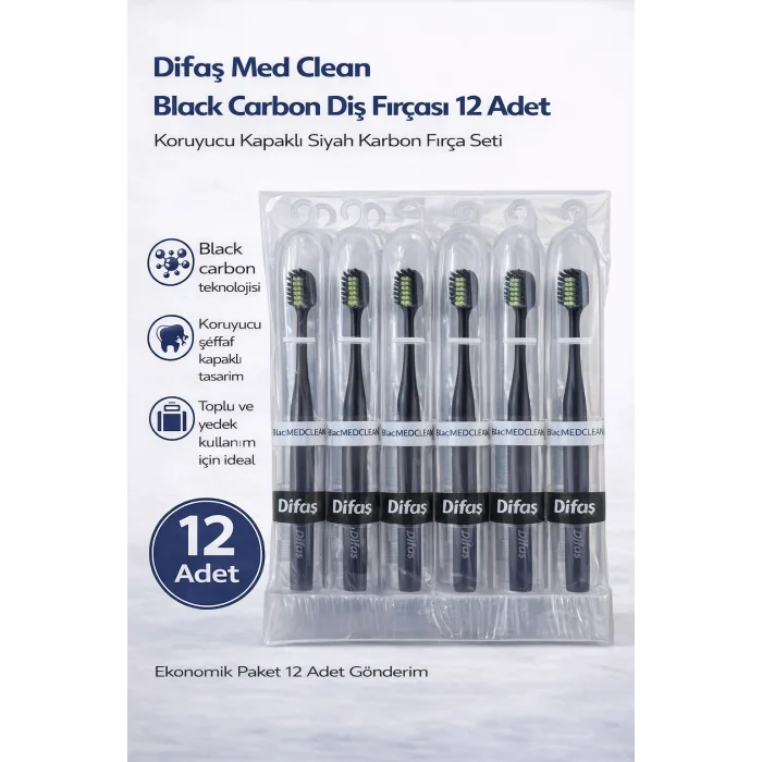 BUĞZ Difaş Med Clean Black Carbon Diş Fırçası 12 Adet Standlı Koruyucu Kapaklı Siyah Karbon Fırça Seti