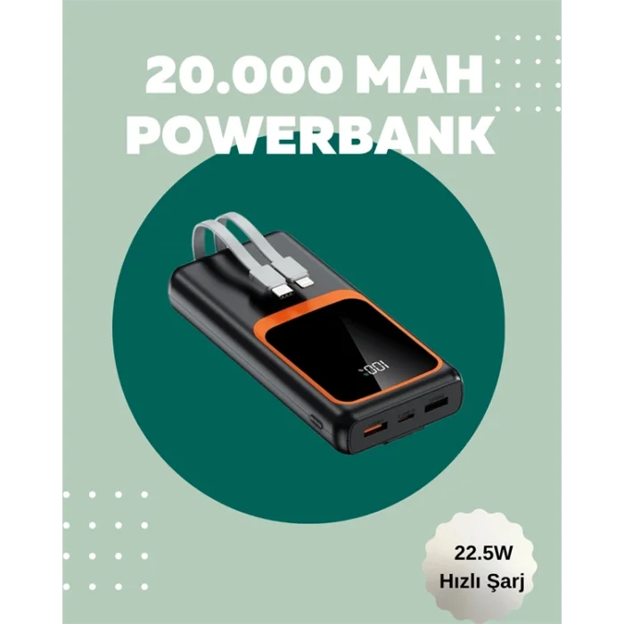 BUĞZ Dijital Ekranlı 20.000 mAh Powerbank | 22.5W Hızlı Şarj + Çoklu Bağlantı Seçeneği Yeni Nesil - BUĞZ