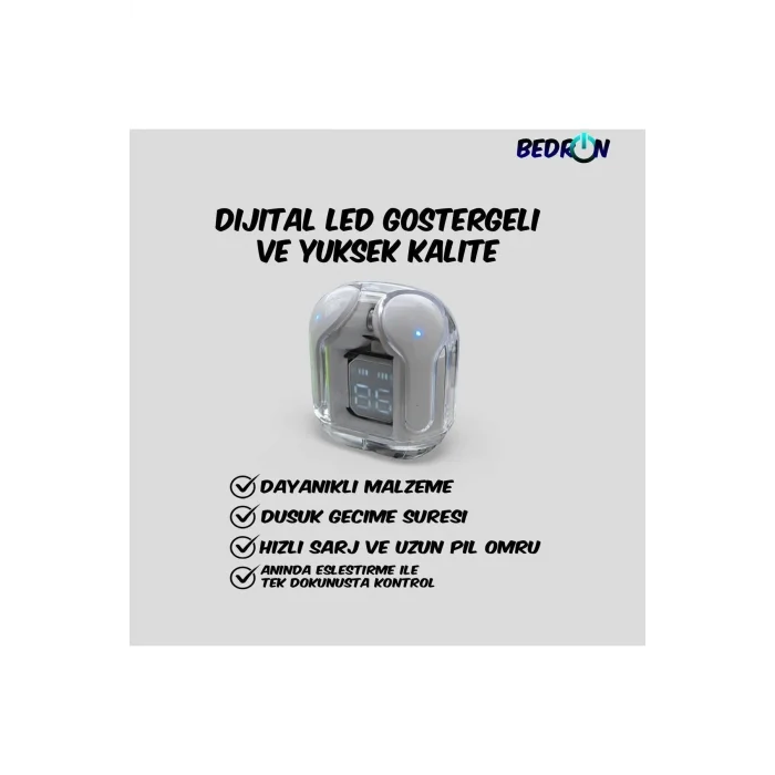 BUĞZ Dijital Göstergeli, Dokunmatik Kontrollü, Aktif Gürültü Önlemeli Beyaz TWS Kulaklık