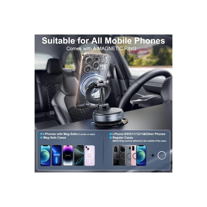 BUĞZ Dönebilen 360 Ayarlanabilir Araç Içi Tutucu Kullanılabilen Vakumlu Magsafe Telefon Tutucu