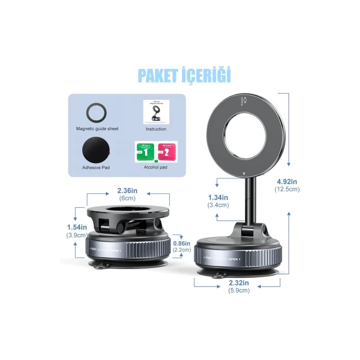 BUĞZ Dönebilen 360 Ayarlanabilir Araç Içi Tutucu Kullanılabilen Vakumlu Magsafe Telefon Tutucu
