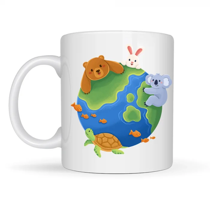 BUĞZ Dostluk Dünyası Desenli Porselen Kupa MODEL 74 – Sevimli Hayvanlar Temalı, Renkli ve Neşeli Tasarım