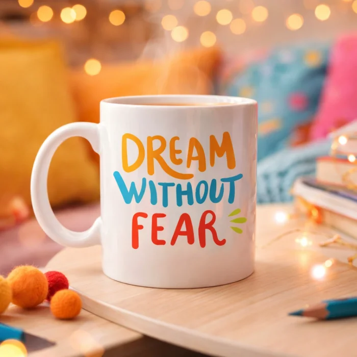 BUĞZ Dream Without Fear Yazılı Porselen Kupa MODEL 139 – Motivasyon Temalı, Renkli Tasarım, Kahve & Çay Kupası – Hediye Seçeneği
