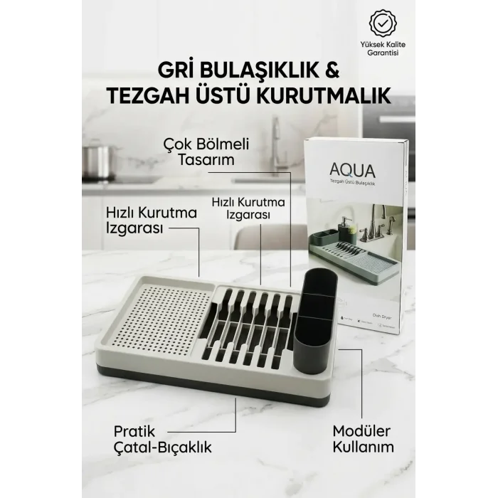 BUĞZ Drenajlı Gri Bulaşıklık Tezgah Üstü Tabak Bardak Kurutma Mutfak Düzenleyici