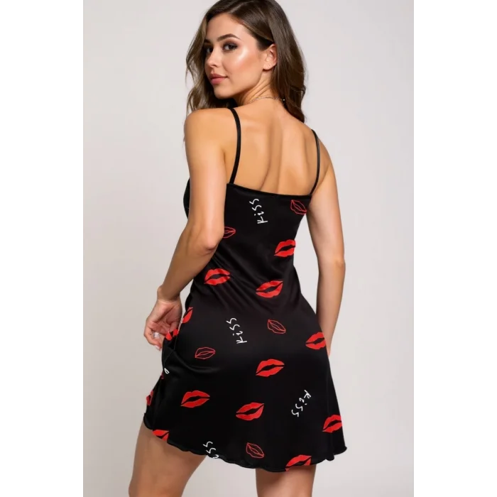 BUĞZ Dudak Desenli Siyah Askılı Gecelik