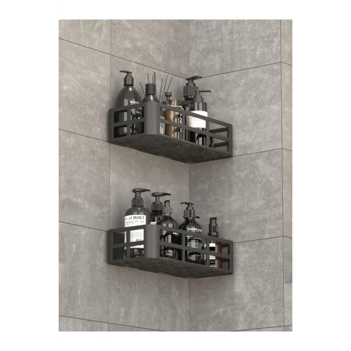 BUĞZ Duş İçi Yapışkanlı Banyo Rafı 2’li Set Delme Yok Güçlü Yapışkan Bantlı Organizer