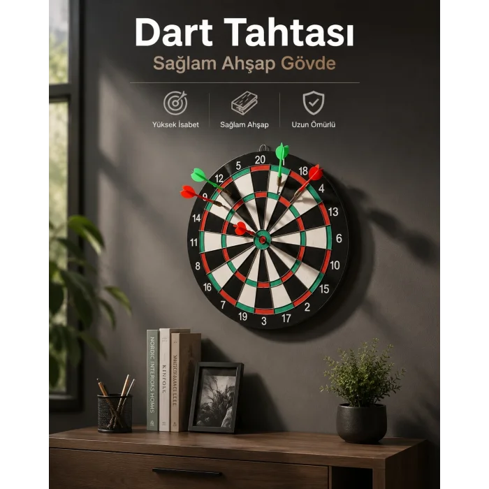 BUĞZ Duvara Monte Sağlam Ahşap Gövdeli Dart Tahtası Ev ve Oyun Alanları İçin 17 İnç